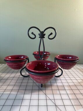 Longaberger Paprika Red Dessert & Condiment Bowl Caddy Set